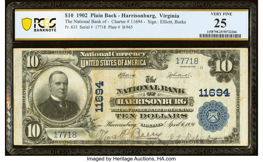 image for: Harrisonburg, VA - $10 1902 Plain Back Fr. 633 The National Bank of Harrisonburg Ch. # 11694 PCGS Banknote Very Fine 25....