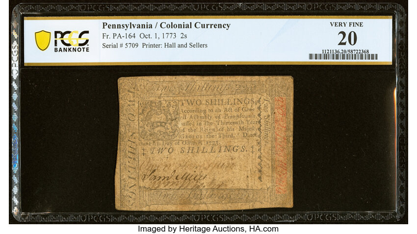 image for: Pennsylvania October 1, 1773 2s PCGS Banknote Very Fine 20....