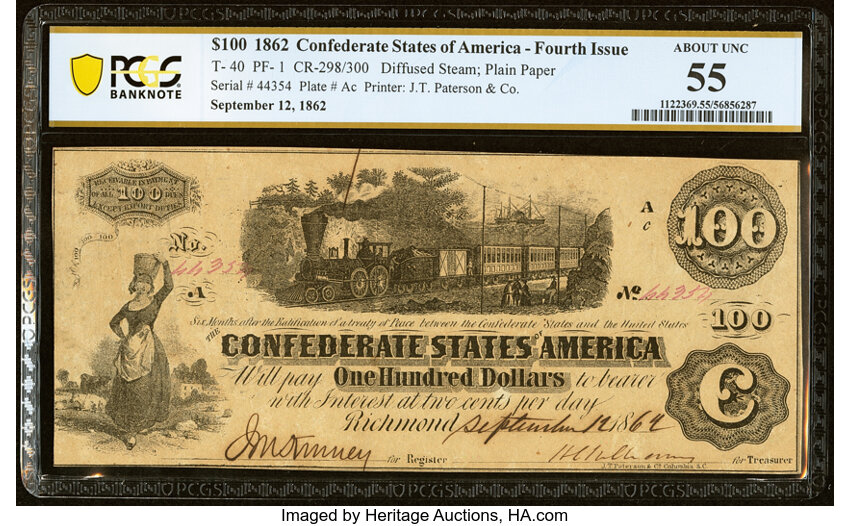 image for: T40 $100 1862 PF-1 Cr. 298/300 PCGS Banknote About Unc 55....