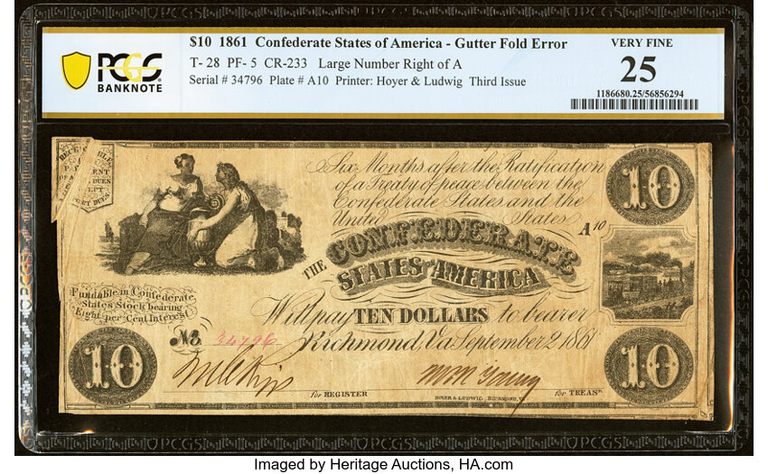 image for: T28 $10 1861 PF-5 Cr. 233 PCGS Banknote Very Fine 25....