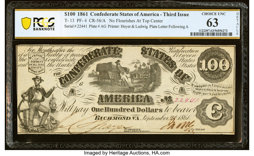 image for: T13 $100 1861 PF-4 Cr. 56/56A PCGS Banknote Choice Unc 63 Details....