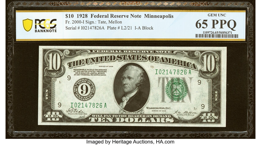 image for: Fr. 2000-I $10 1928 Federal Reserve Note. PCGS Banknote Gem Unc 65 PPQ....