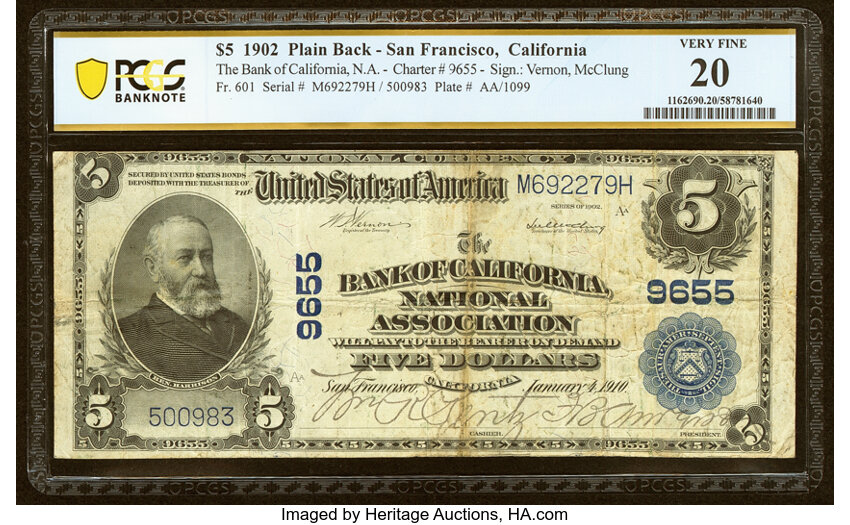 image for: San Francisco, CA - $5 1902 Plain Back Fr. 601 The Bank of California National Assoc Ch. # 9655 PCGS Banknote Very Fine 20....