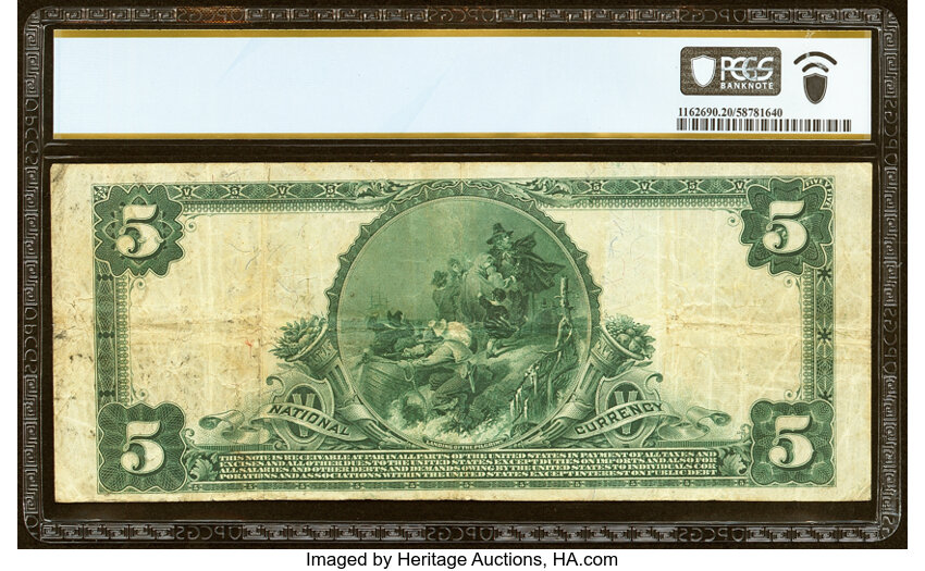 image for: San Francisco, CA - $5 1902 Plain Back Fr. 601 The Bank of California National Assoc Ch. # 9655 PCGS Banknote Very Fine 20....