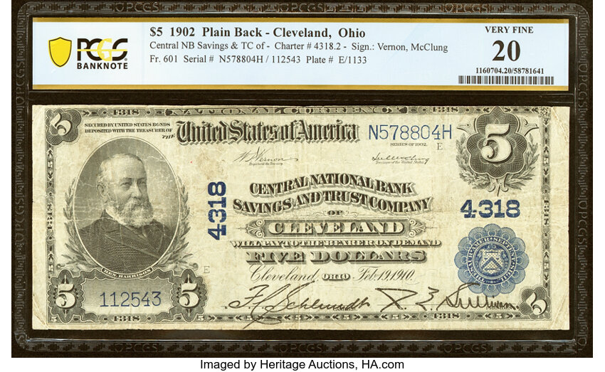 image for: Cleveland, OH - $5 1902 Plain Back Fr. 601 Central National Bank Savings & Trust Company Ch. # 4318 PCGS Banknote Very Fine 20...