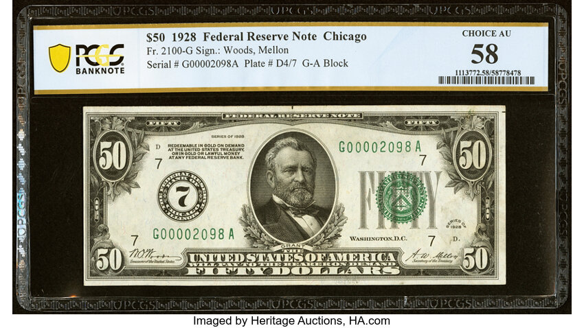image for: Low Serial Number 2098 Fr. 2100-G $50 1928 Federal Reserve Note. PCGS Banknote Choice AU 58....