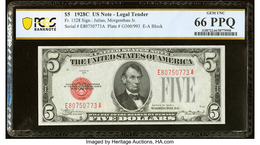 image for: Fr. 1528 $5 1928C Legal Tender Note. PCGS Banknote Gem Unc 66 PPQ....