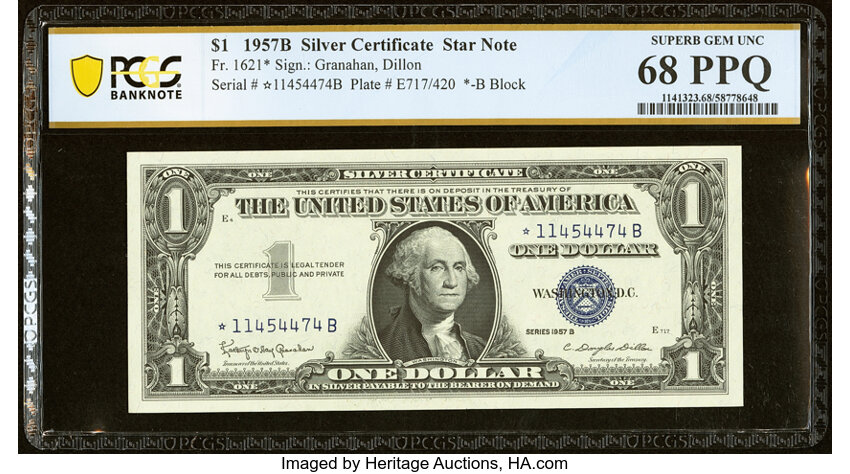 image for: Fr. 1621* $1 1957B Silver Certificate Star Note. PCGS Banknote Superb Gem Unc 68 PPQ....