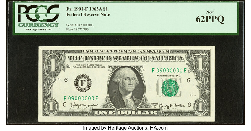 image for: Even Million Serial Number 09000000 Fr. 1901-F $1 1963A Federal Reserve Note. PCGS New 62PPQ....