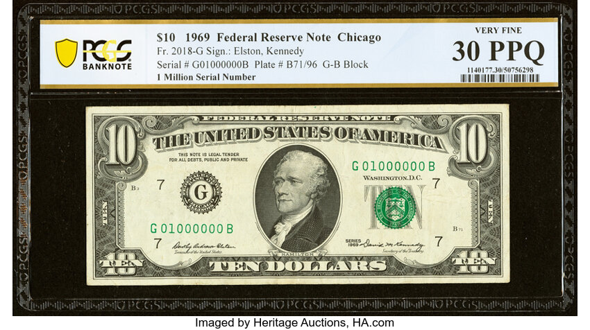 image for: Even Million Binary Serial Number 01000000 Fr. 2018-G $10 1969 Federal Reserve Note. PCGS Banknote Very Fine 30 PPQ....