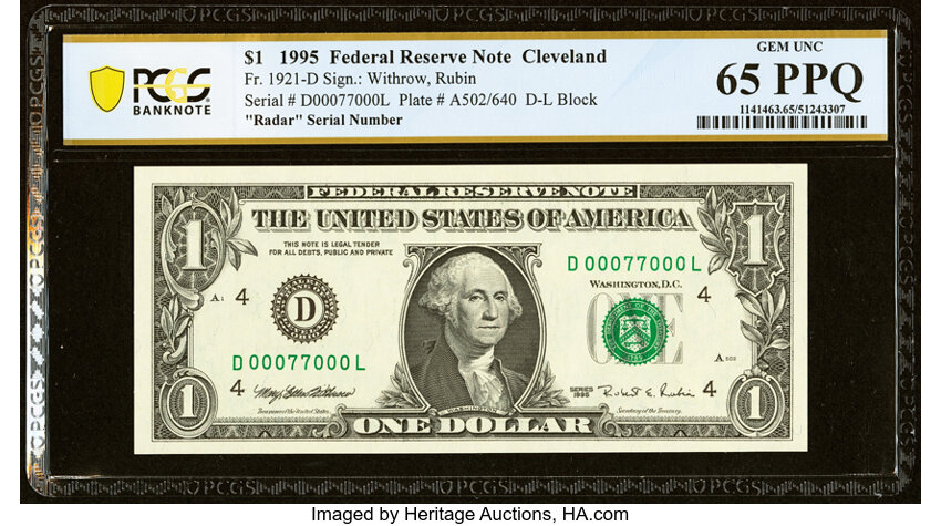 image for: Fancy Radar Serial Number 00077000 Fr. 1921-D $1 1995 Federal Reserve Note. PCGS Banknote Gem Unc 65 PPQ....