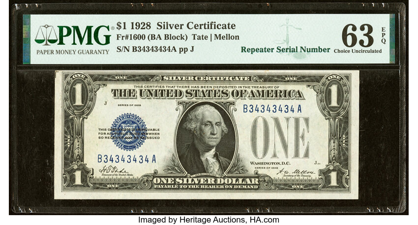 image for: Super Repeater Serial Number 34343434 Fr. 1600 $1 1928 Silver Certificate. PMG Choice Uncirculated 63 EPQ....