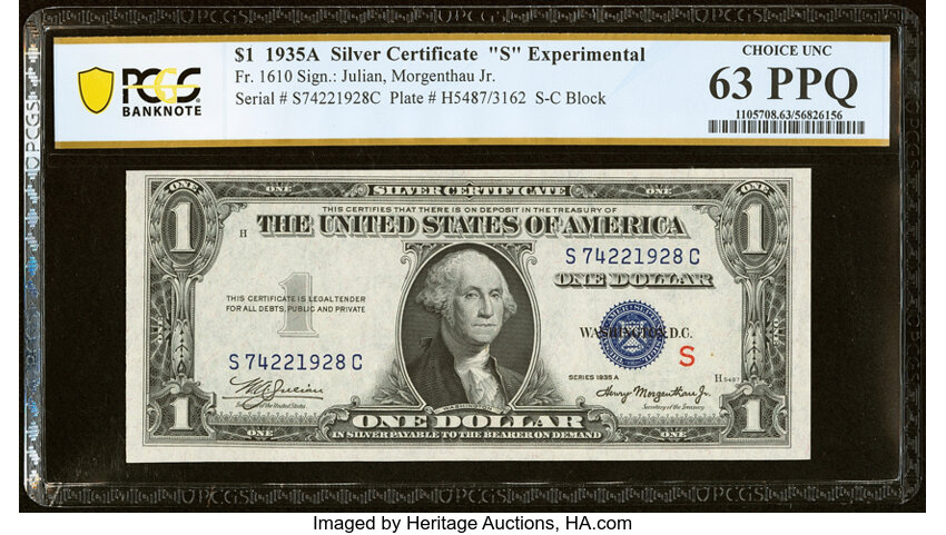 image for: Fr. 1610 $1 1935A S Silver Certificate. PCGS Banknote Choice Unc 63 PPQ....