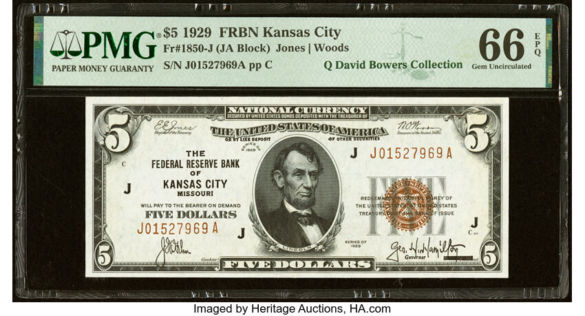 image for: Fr. 1850-J $5 1929 Federal Reserve Bank Note. PMG Gem Uncirculated 66 EPQ....
