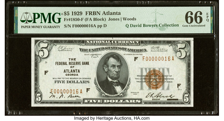 image for: Low Serial Number 16 Fr. 1850-F $5 1929 Federal Reserve Bank Note. PMG Gem Uncirculated 66 EPQ....