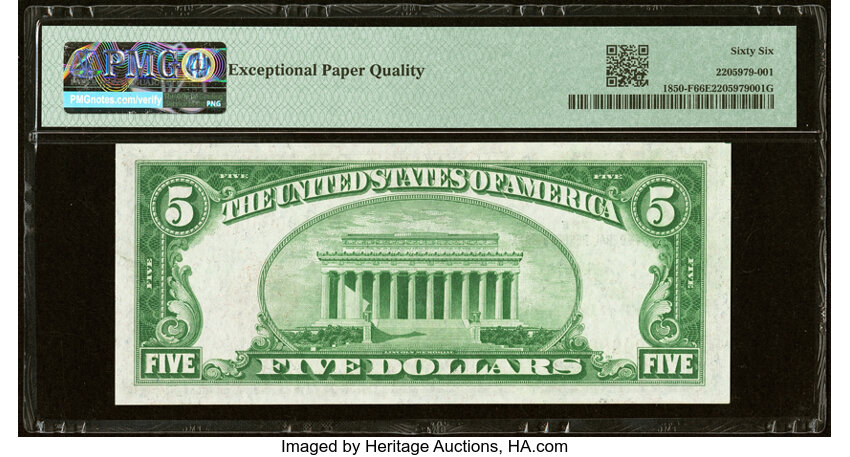 image for: Low Serial Number 16 Fr. 1850-F $5 1929 Federal Reserve Bank Note. PMG Gem Uncirculated 66 EPQ....