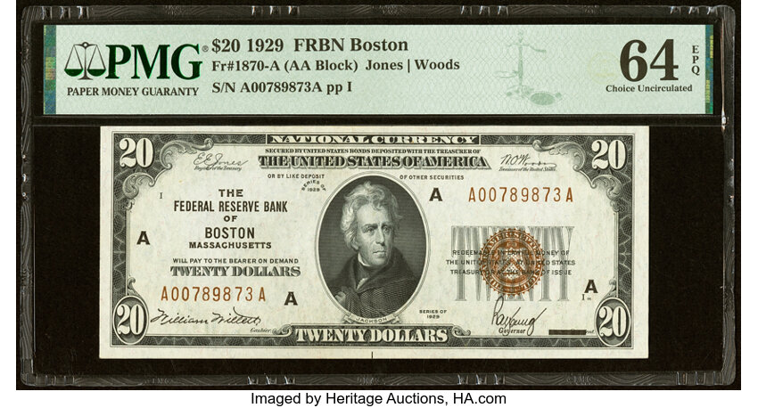image for: Fr. 1870-A $20 1929 Federal Reserve Bank Note. PMG Choice Uncirculated 64 EPQ....