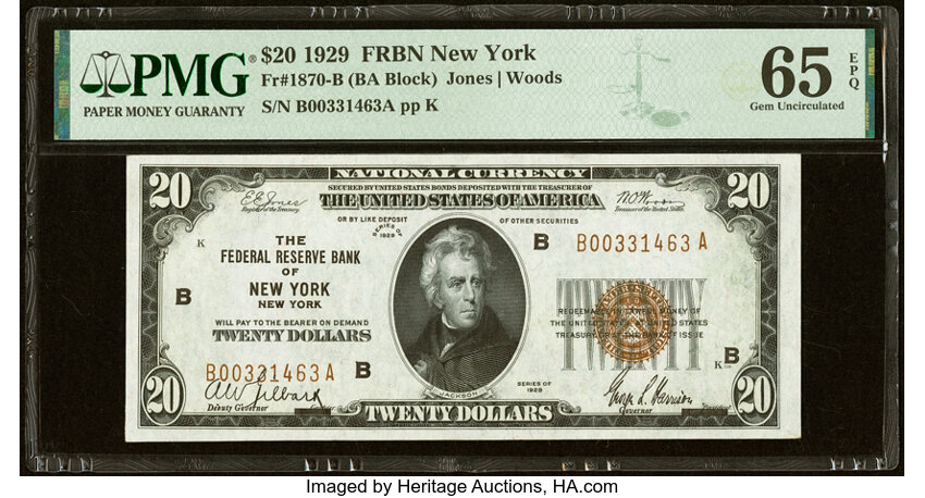 image for: Fr. 1870-B $20 1929 Federal Reserve Bank Note. PMG Gem Uncirculated 65 EPQ....