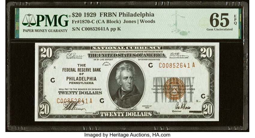 image for: Fr. 1870-C $20 1929 Federal Reserve Bank Note. PMG Gem Uncirculated 65 EPQ....