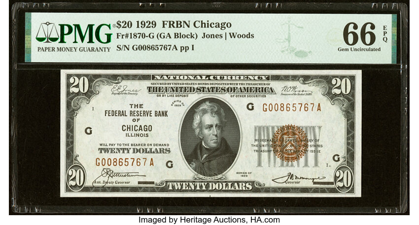 image for: Fr. 1870-G $20 1929 Federal Reserve Bank Note. PMG Gem Uncirculated 66 EPQ....
