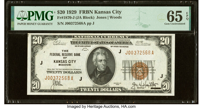 image for: Fr. 1870-J $20 1929 Federal Reserve Bank Note. PMG Gem Uncirculated 65 EPQ....
