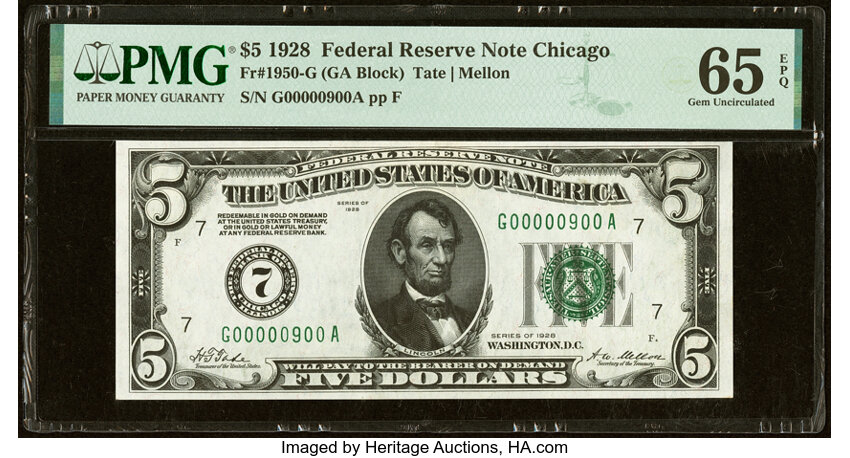 image for: Low Serial Number 900 Fr. 1950-G $5 1928 Federal Reserve Note. PMG Gem Uncirculated 65 EPQ....