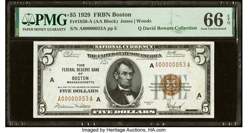 image for: Low Serial Number 53 Fr. 1850-A $5 1929 Federal Reserve Bank Note. PMG Gem Uncirculated 66 EPQ....