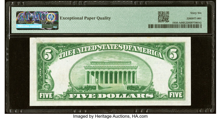 image for: Low Serial Number 53 Fr. 1850-A $5 1929 Federal Reserve Bank Note. PMG Gem Uncirculated 66 EPQ....