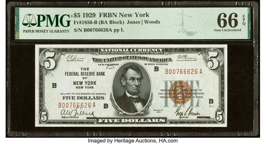 image for: Fr. 1850-B $5 1929 Federal Reserve Bank Note. PMG Gem Uncirculated 66 EPQ....