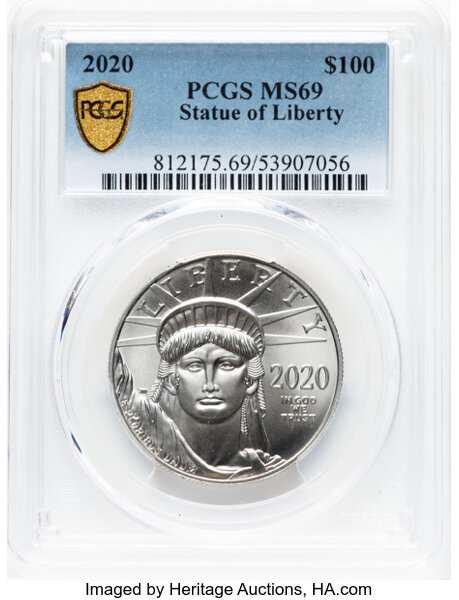 image for: 2020 $100 One Ounce Statue of Liberty MS69 PCGS. PCGS Population: 45 in 69, 20 finer (11/25). CDN: $1,596.02 Whsle. Bid for...