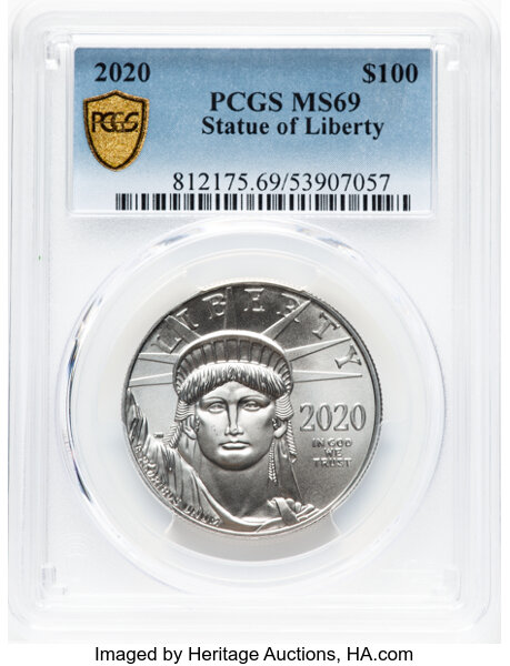 image for: 2020 $100 One Ounce Statue of Liberty MS69 PCGS. PCGS Population: 45 in 69, 20 finer (11/25). CDN: $1,596.02 Whsle. Bid for...