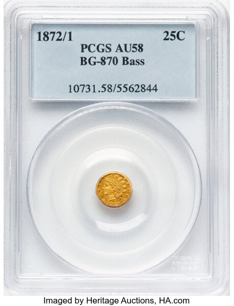 image for: 1872/1 25C Indian Round 25 Cents, BG-870, R.3, Bass AU58 PCGS. PCGS Population: 4 in 58, 236 finer (11/25)....