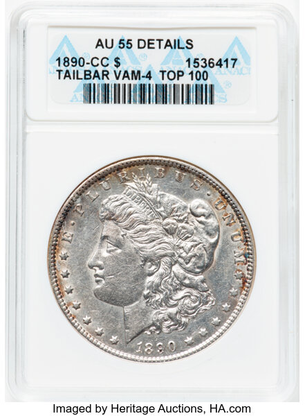 image for: 1890-CC $1 Tailbar, VAM-4, ANACS Details. AU55 Details. A Top 100 Variety. Housed in a small-sized holder....