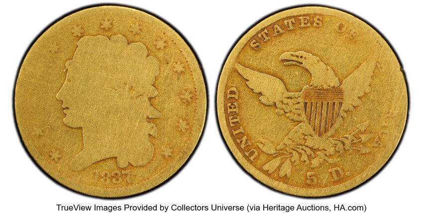 image for: 1837 $5 HM-1, R.4, AG3 PCGS. CDN: $1,049.41 Whsle. Bid for NGC/PCGS AG3 . Mintage 207,121....