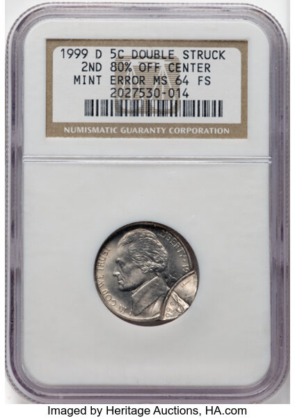 image for: 1999-D 5C Jefferson Nickel -- Double Struck, Second Strike 80% Off Center -- MS64 Full Steps NGC....