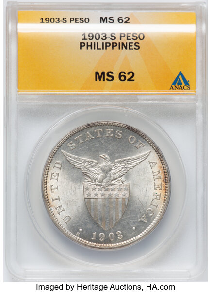 image for: 1903-S  Philippines Peso MS62 ANACS....