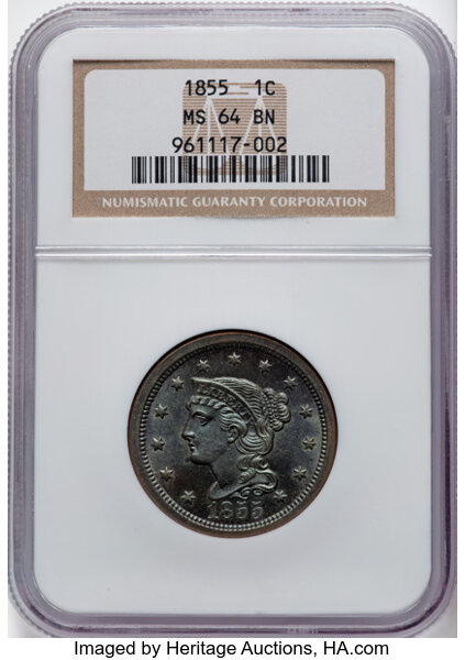 image for: 1855 1C Upright 55, N-4, R.1, MS64 Brown NGC.  CDN: $345 Whsle. Bid for NGC/PCGS MS64. Mintage 1,574,829....