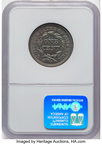 image for: 1855 1C Upright 55, N-4, R.1, MS64 Brown NGC.  CDN: $345 Whsle. Bid for NGC/PCGS MS64. Mintage 1,574,829....