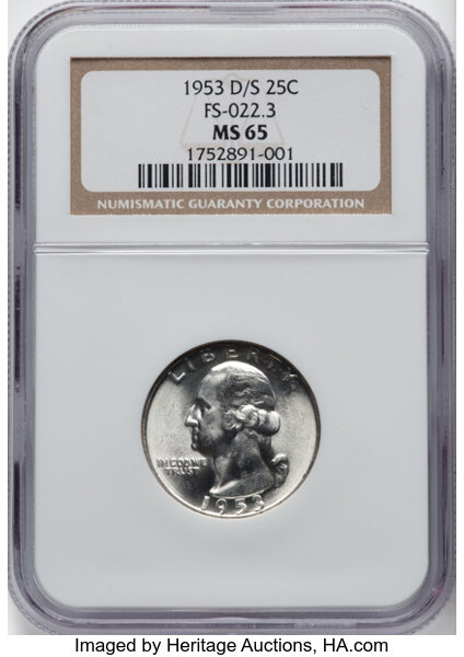 image for: 1953-D/S 25C FS-601 MS65 NGC. Formerly FS-022.3. NGC Census: 6 in 65, 4 finer (12/25). CDN: $225 Whsle. Bid for NGC/PCGS MS...