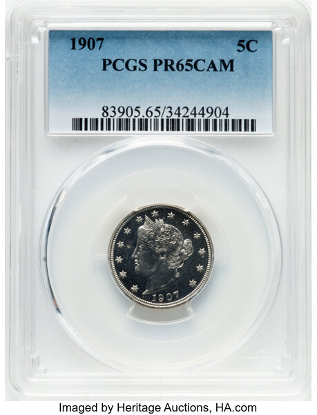 image for: 1907 5C PR65 Cameo PCGS. PCGS Population: 4 in 65 Cameo, 22 finer (12/25). Mintage 1,475. ...