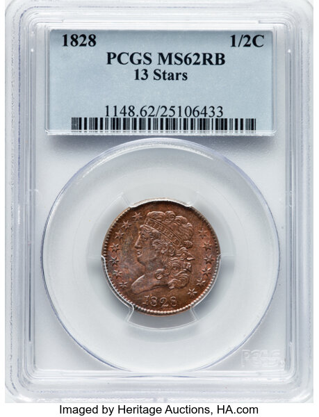 image for: 1828 1/2 C 13 Stars, C-3, B-2, R.1, MS62 Red and Brown PCGS. CDN: $500 Whsle. Bid for NGC/PCGS MS62. Mintage 606,000. ...