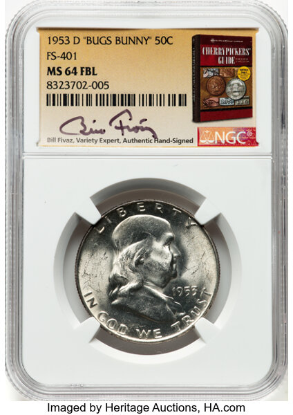 image for: 1953-D 50C "Bugs Bunny", FS-401, MS64 Full Bell Lines NGC. Bill Fivaz, Variety Expert, Authentic Hand-Signed. NGC Census: 0...