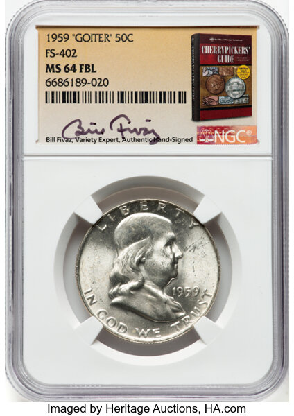 image for: 1959 50C "Goiter", FS-402 MS64 Full Bell Lines NGC. Bill Fivaz, Variety Expert, Authentic Hand-Signed. NGC Census: 0 in 64,...