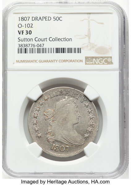 image for: 1807 50C Draped Bust, O-102, T-8, R.2, VF30 NGC. Ex: Sutton Court Collection. NGC Census: 9 in 30, 33 finer (12/25). CDN: $...
