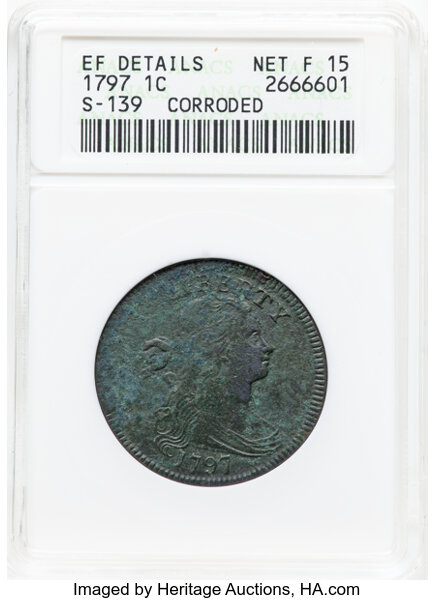 image for: 1797 1C Reverse of 1797, Stems, S-139, B-21, R.1 -- Corroded -- ANACS Details. XF Details, Net Fine 15. Housed in a small-s...