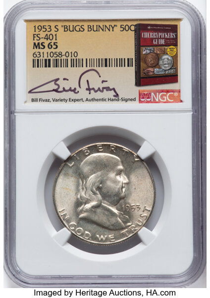 image for: 1953-S 50C "Bugs Bunny", FS-401, MS65 NGC. Bill Fivaz, Variety Expert, Authentic Hand-Signed. NGC Census: 0 in 65, 0 finer ...