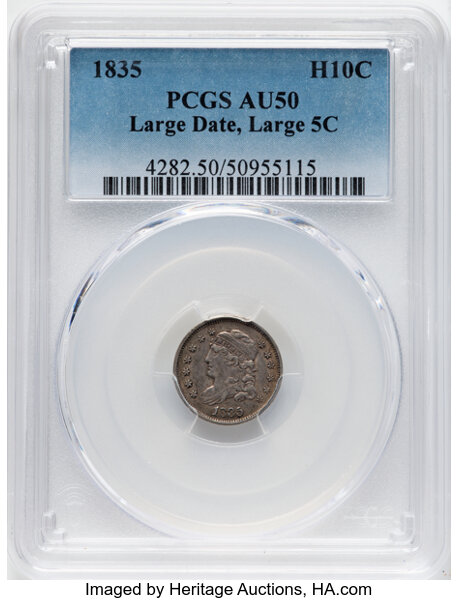image for: 1835 H10C Large Date, Large 5C, V-3, LM-3, R.1, AU50 PCGS. CDN: $220 Whsle. Bid for NGC/PCGS AU50. Mintage 2,760,000....