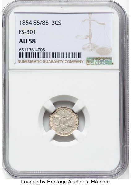 image for: 1854 85/85 3CS Repunched Date, FS-301, AU58 NGC. NGC Census: 1 in 58, 2 finer (12/25). CDN: $330 Whsle. Bid for NGC/PCGS AU...