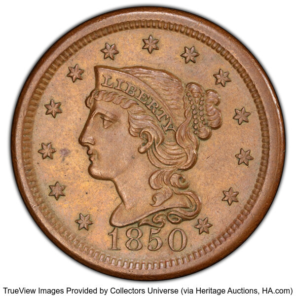 image for: 1850 1C N-3, R.1, AU58 PCGS. CDN: $140 Whsle. Bid for NGC/PCGS AU58. Mintage 4,426,844....