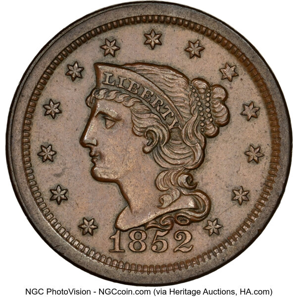 image for: 1852 1C N-6, Low R.2, MS63 Brown NGC. CDN: $285 Whsle. Bid for NGC/PCGS MS63. Mintage 5,063,094....